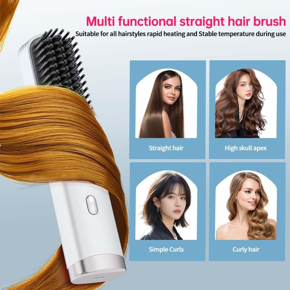 Cordless Hair Straightener Brush - Portable Travel Comb with USB Charging | Fast Heating, LCD Display (White-Silvery)