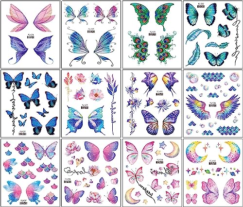 Glitter Butterfly Temporary Tattoos - 12 Sheets for Women & Girls