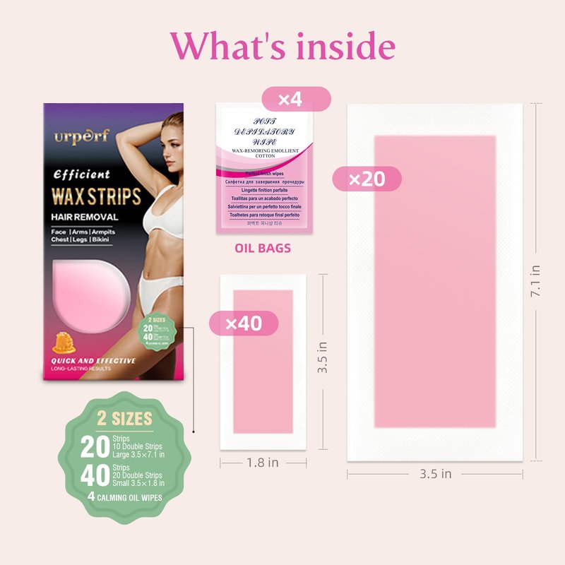 Urperf Wax Strips for Hair Removal, Ready-to-Use, No Heat Needed, for Face & Body, 2 Sizes, 20 Large Strips, 40 Small Strips, 4 Finish Wipes