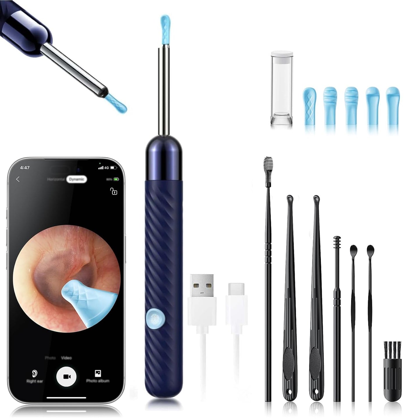 Ear Wax Removal Tool - 1080P Camera Ear Cleaner Kit with 7 Pieces | Compatible with iOS & Android (Blue)