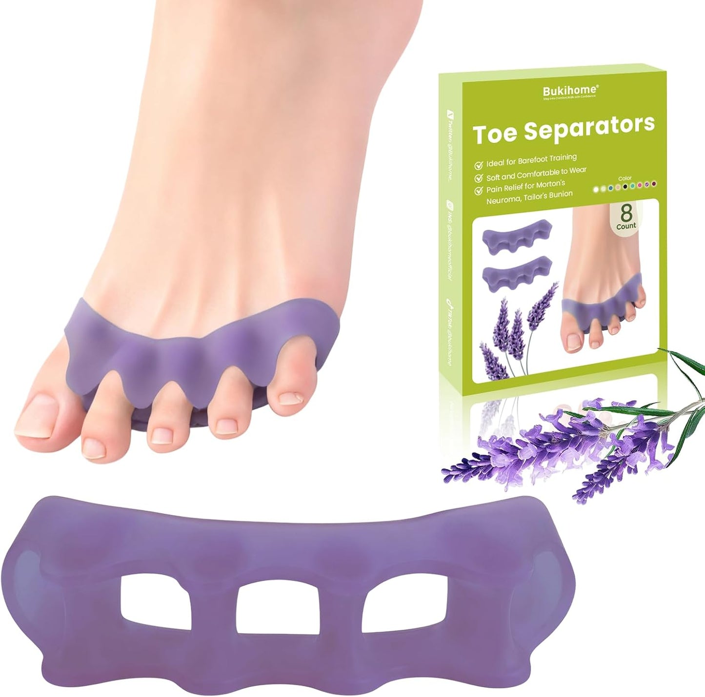 Silicone Toe Separators for Bunion Correction - 4 Pairs of Toe Spacers for Men & Women | Hammer Toe Straighteners, Lavender