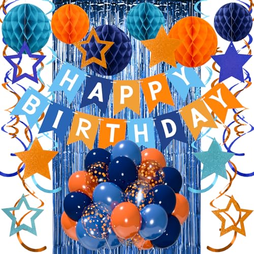 Navy Blue and Orange Birthday Decorations Set - Recosis Party Supplies with Balloons, Banner, Honeycomb Balls & Streamers