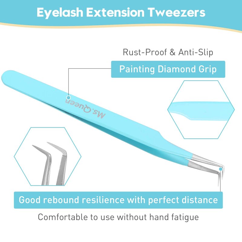 Ms.Queen Lash Tweezers for Eyelash Extensions, Precision Fiber Tip 90 Degree Tweezers for Mega Volume Lashes Extensions, Blue