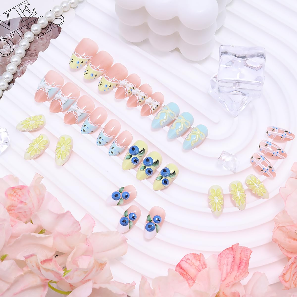 30Pcs Summer Press On Nails - Medium Almond 3D Fruit Designs | Glossy Acrylic Fake Nails for Women & Girls