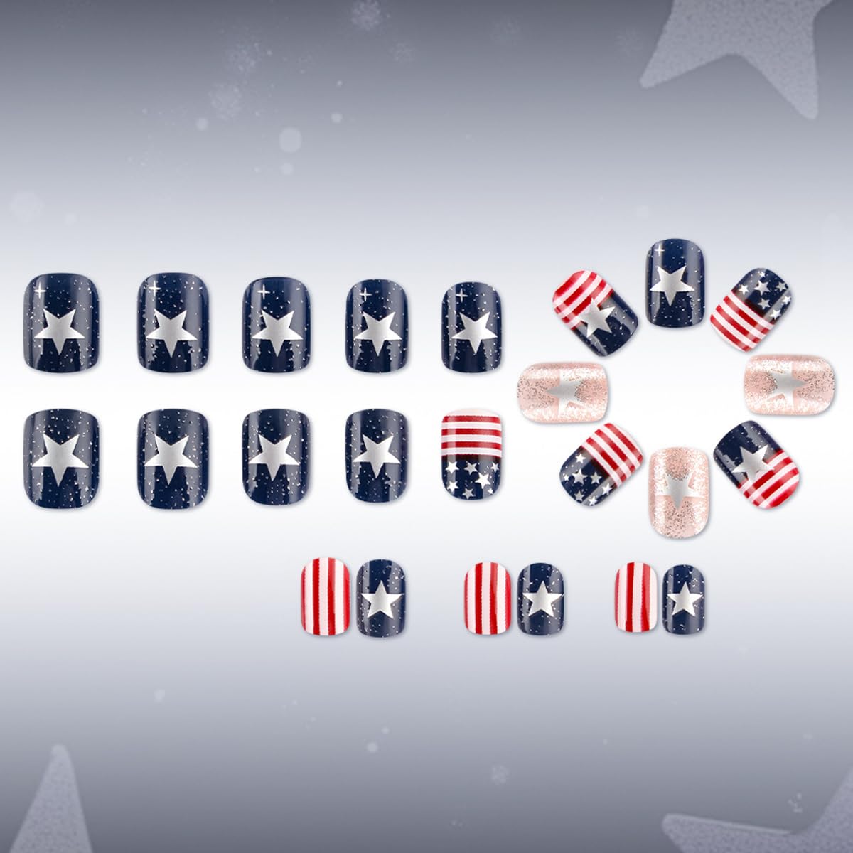 4th of July Press on Nails Medium Square Patriotic Fake Nails with Star | American flag Designs,Silver Glitter 4th of July Nails Independence Day Full Cover Stick on Nail for Women Manicure 24Pcs
