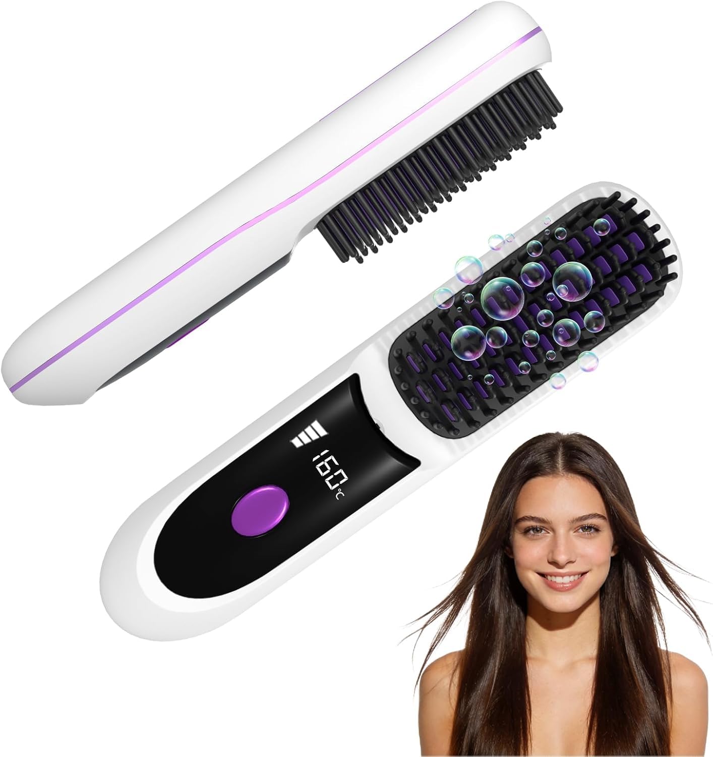 Portable Straightener Brushs for Travel, with LCD Temperature Display, Fast Heating Cordless Mini Hair Brushs (White)