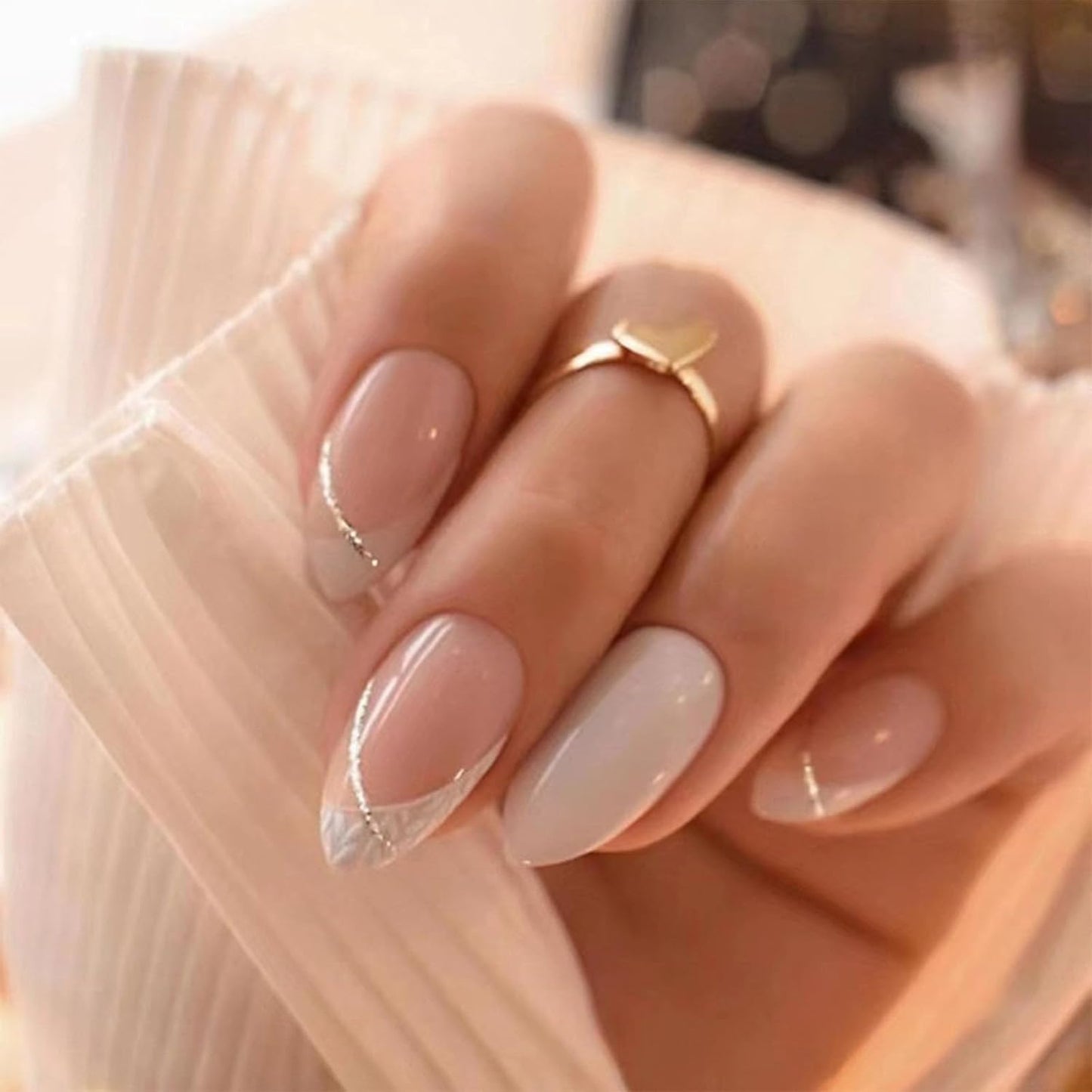 Press On Nails - Orange Almond Shape with Gold Glitter Swirl | 24 Pcs Acrylic Fake Nails for Women