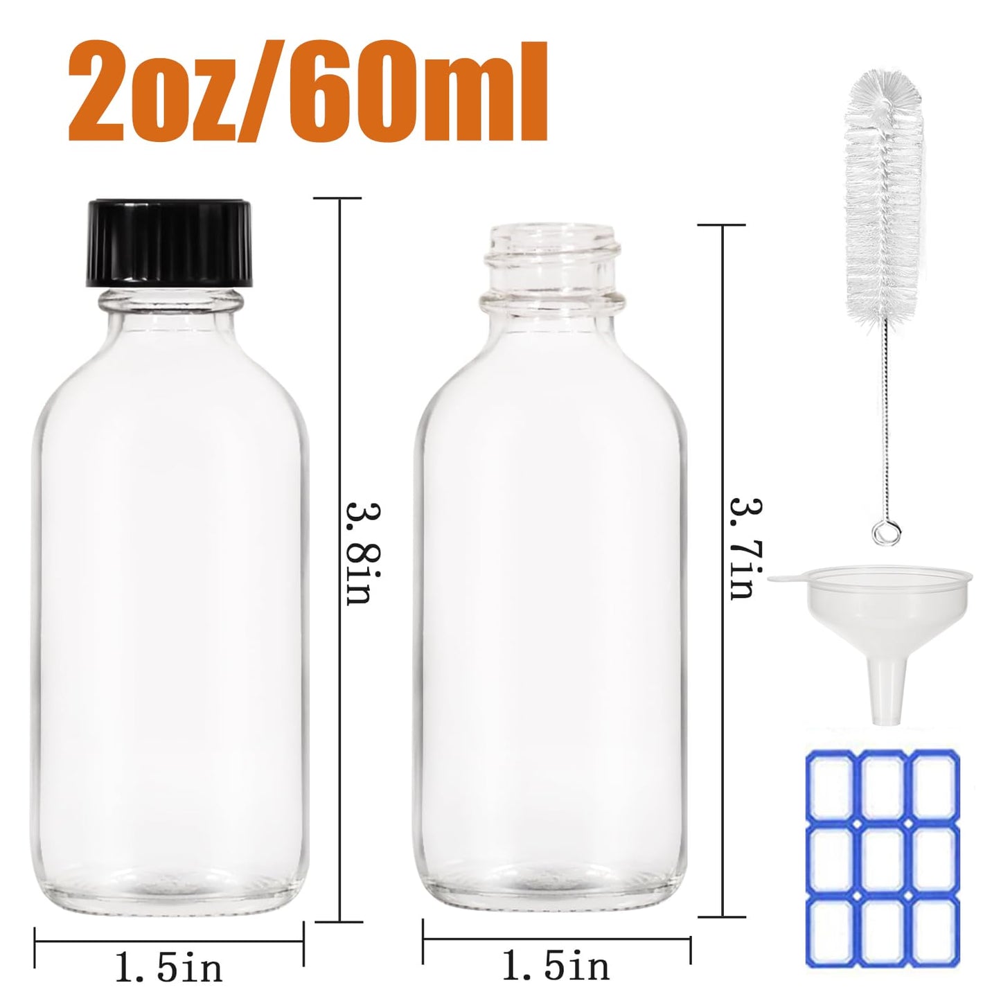 FANSTINOW 2 oz (60ml) 8 Pack Leak-Proof Clear Glass Boston Round Bottles with lids - Mini Travel Containers for Ginger Shots, Juice, Whiskey, Samples | W/Labels, Funnels & Brushes