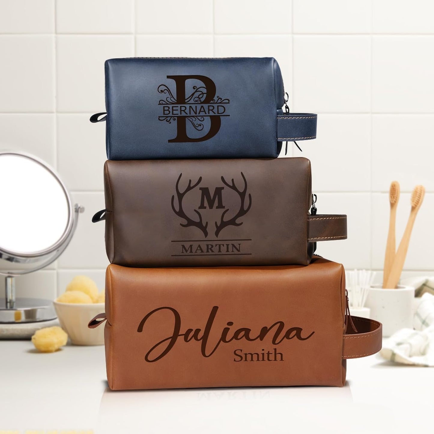Personalized Leather Toiletry Bag for Men - Custom Engraved Dopp Kit | Perfect Groomsmen, Husband, Dad Gift for Weddings & Birthdays