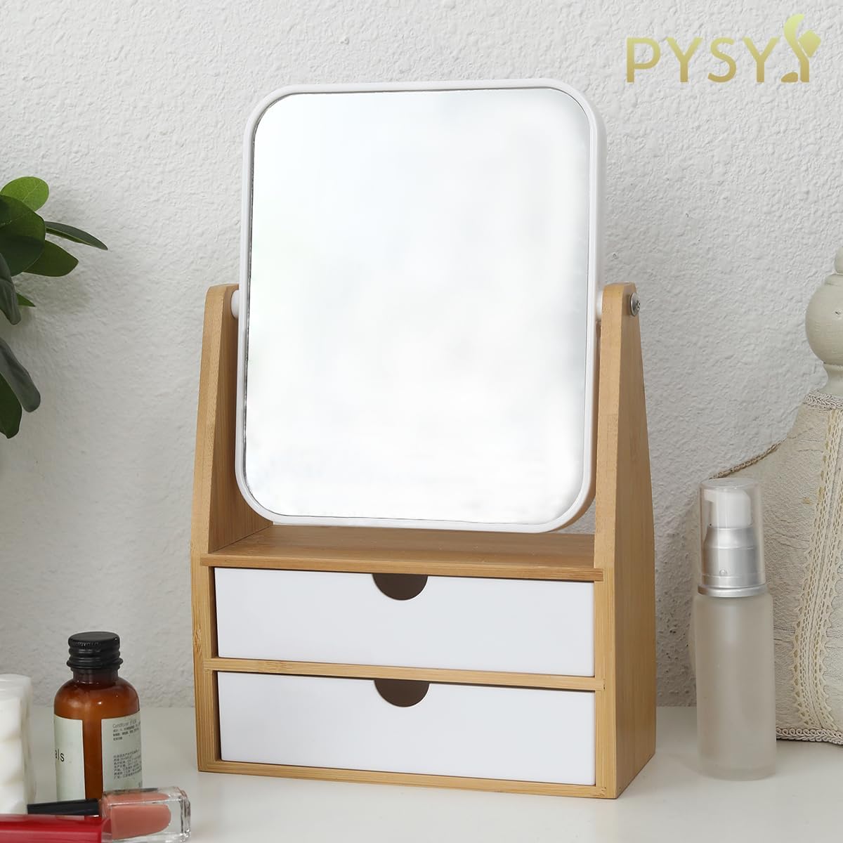 Magnifying Makeup Mirror - 1x/5x Dual-Sided with Bamboo Stand & Jewelry Storage Box | 360° Rotatable, Rectangle