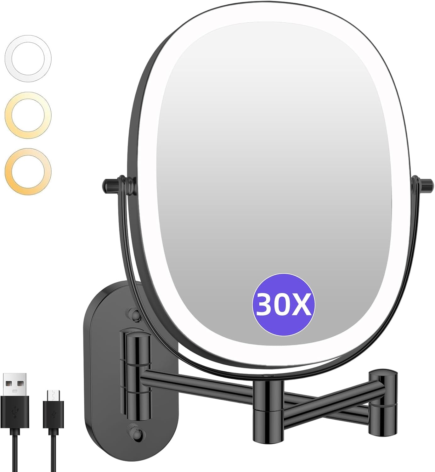FUNTACH 30X/1X Wall Mounted Lighted Makeup Mirror - Rechargeable Double-Sided Magnifying Design | 3 Color Modes, 360° Rotation