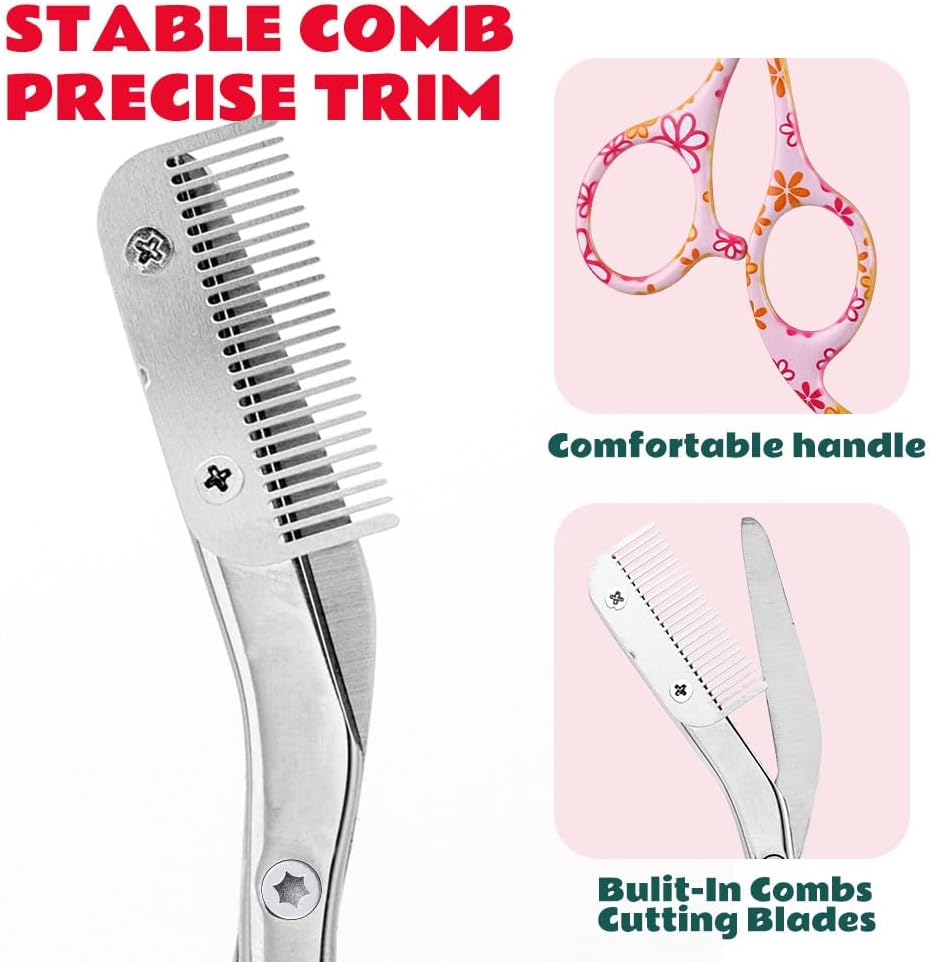 Eyebrow Trimmer Kit - Professional Precision Stainless Steel Scissors with Comb | Perfect for Men & Women (Pink)