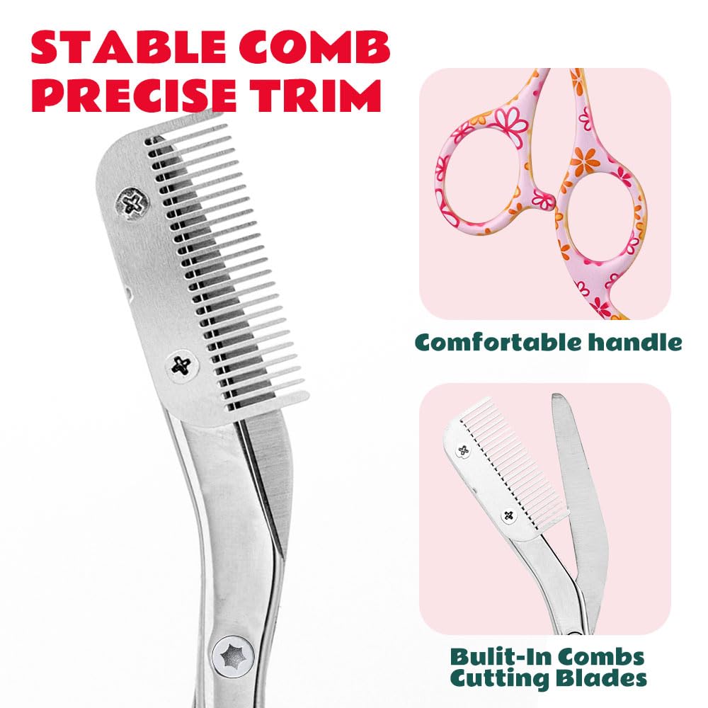 DINNAT Eyebrow Trimmer With Comb Facial Grooming Scissors Kit Professional Precision Eyebrow Trimmer Stainless Steel Eyebrow Trimmers Scissors with Combs Perfect For Gifts for Men and Women (Pink)
