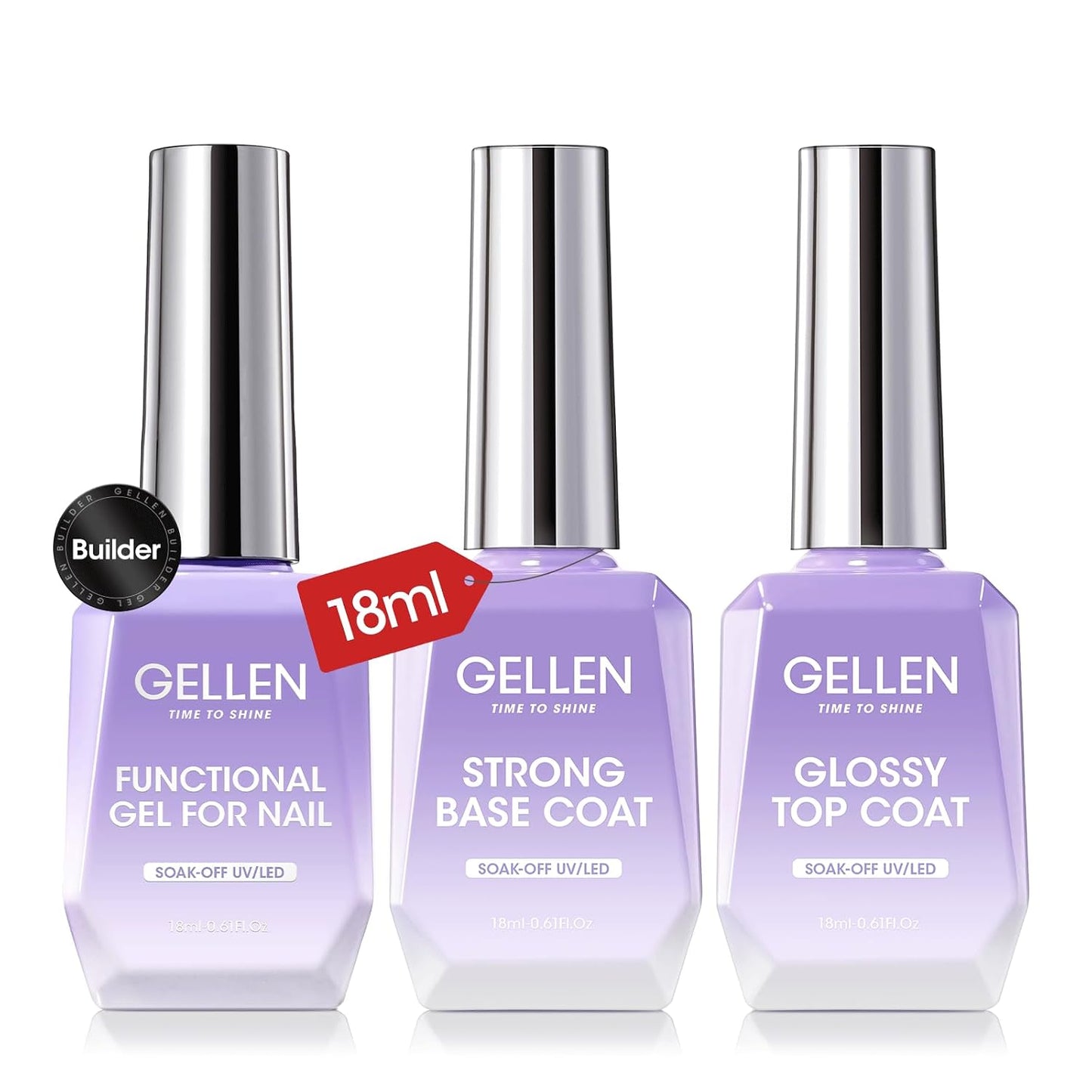 Builder Nail Gel Set - Soak Off Hard Gel with Top & Base Coat | 3 Pcs 18ml for Nail Extensions & Strengthening
