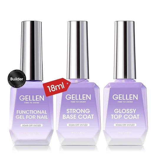 Builder Nail Gel Set - Soak Off Hard Gel with Top & Base Coat | 3 Pcs 18ml for Nail Extensions & Strengthening