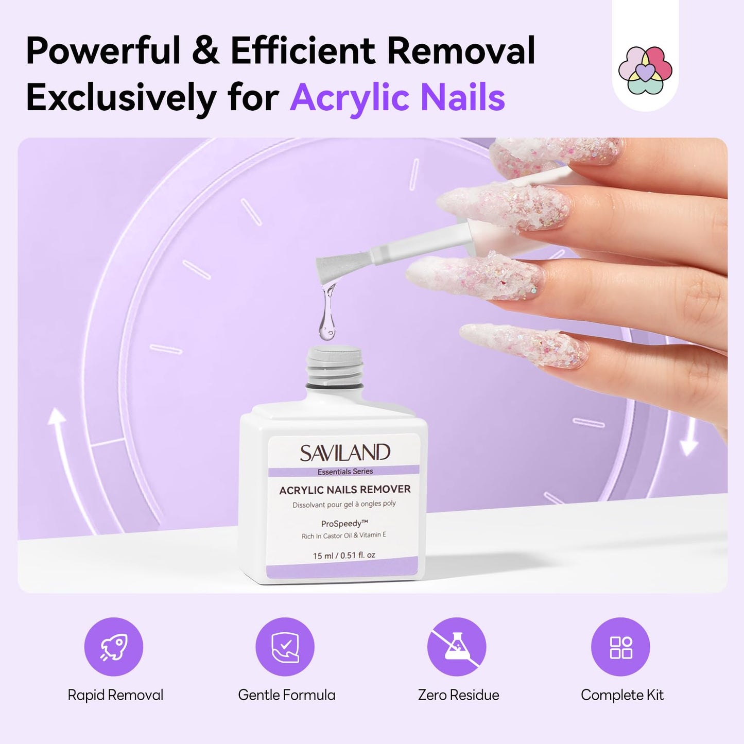 SAVILAND Acrylic Nail Remover Kit: 30 ml Acrylic Remover for Nails Rapid Dissolution Acylic Nail Powder Cuticle Oil & Nail Care Tools Gentle Acrylic Remover No Soaking No Wrapping Home Salon Kit