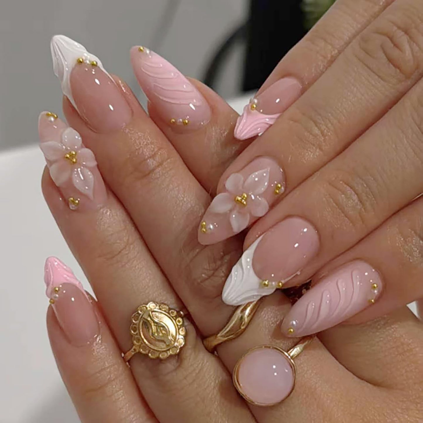 3D Pink Press-On Nails - Almond Medium False Nails with White French Tips & Gold Bead Flower Rhinestones | Cute Acrylic Nail Art for Spring