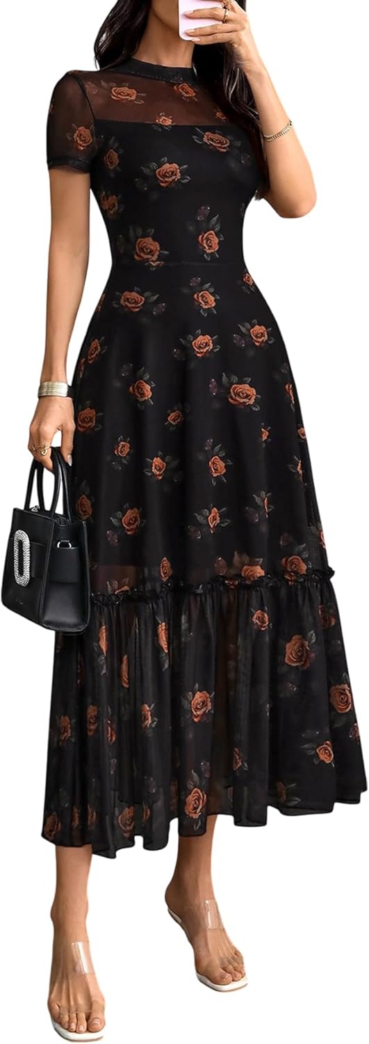 Floral Mesh Ruffle Maxi Dress for Women - Casual Summer Wedding Guest Dress | Short Sleeve, Waist-Cinched
