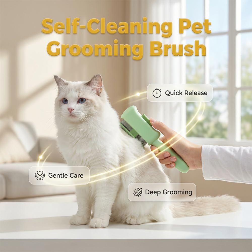 Cat Self Cleaning Pet Hair Removal Comb, Cat Grooming Brush With Long Short Stainless Steel Metal Teeth, Pet Grooming Brush For Home, Portable Cat And Dog Grooming Comb For Travel (Green)