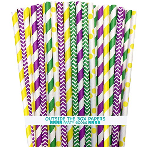Mardi Gras Paper Straws - 150 Pack, 7.75 Inches, Biodegradable