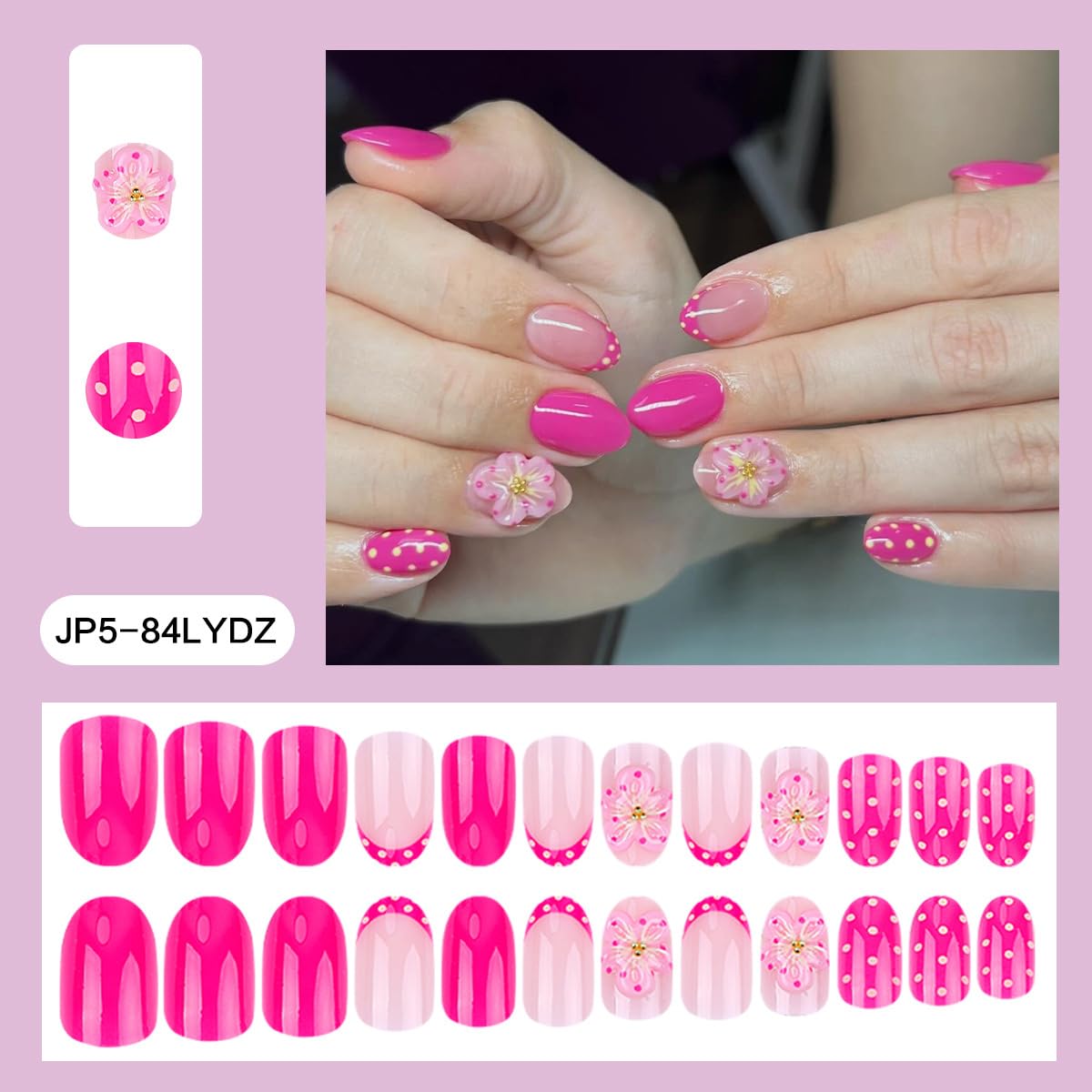 LRKNNO Short Almond Press on Nails Hot Pink Fake Nails with Polka Dot Design 3D Flower Acrylic Nails Reusable Full Cover Glue on Nails Cute Pink French Tip False Nails for Women Girls Daily Wear 24Pcs