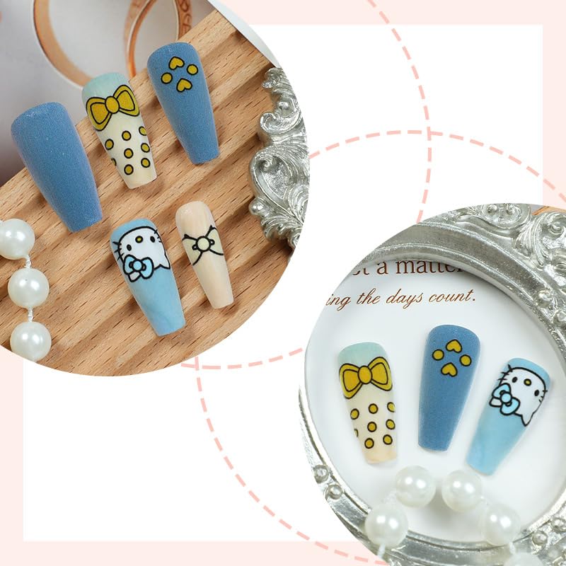 24Pcs Long Coffin Press-On Nails with Cute Cat Bows - Matte Acrylic