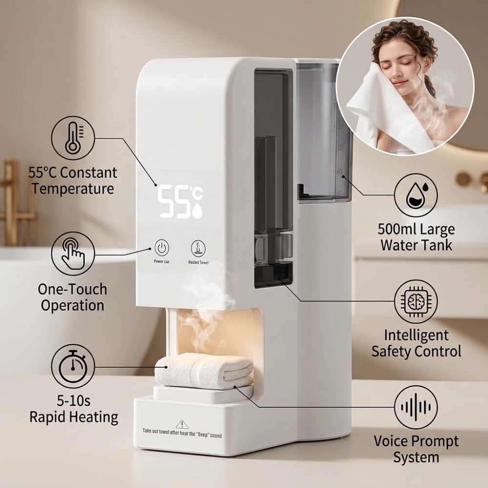 Hot Face Towel Dispenser, 5-Second Heating,55°C Constant Temp,Automatic Disposable Hot Towel Dispenser for Spa, Salon,Hotel, Bathroom(40Pcs Towels)