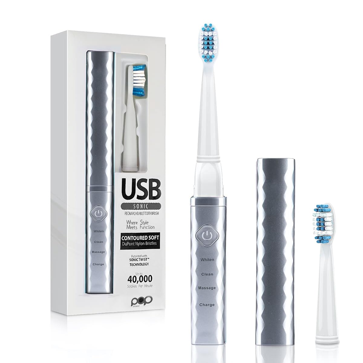 Pop Sonic USB Charge Anywhere Toothbrush(Silver) | Rechargeable Toothbrush w/Up to 40,000 Brush Strokes/Minute-Long-Lasting Dupont Nylon Bristles -Teens & Adult with Quadrant Pacer & Timer