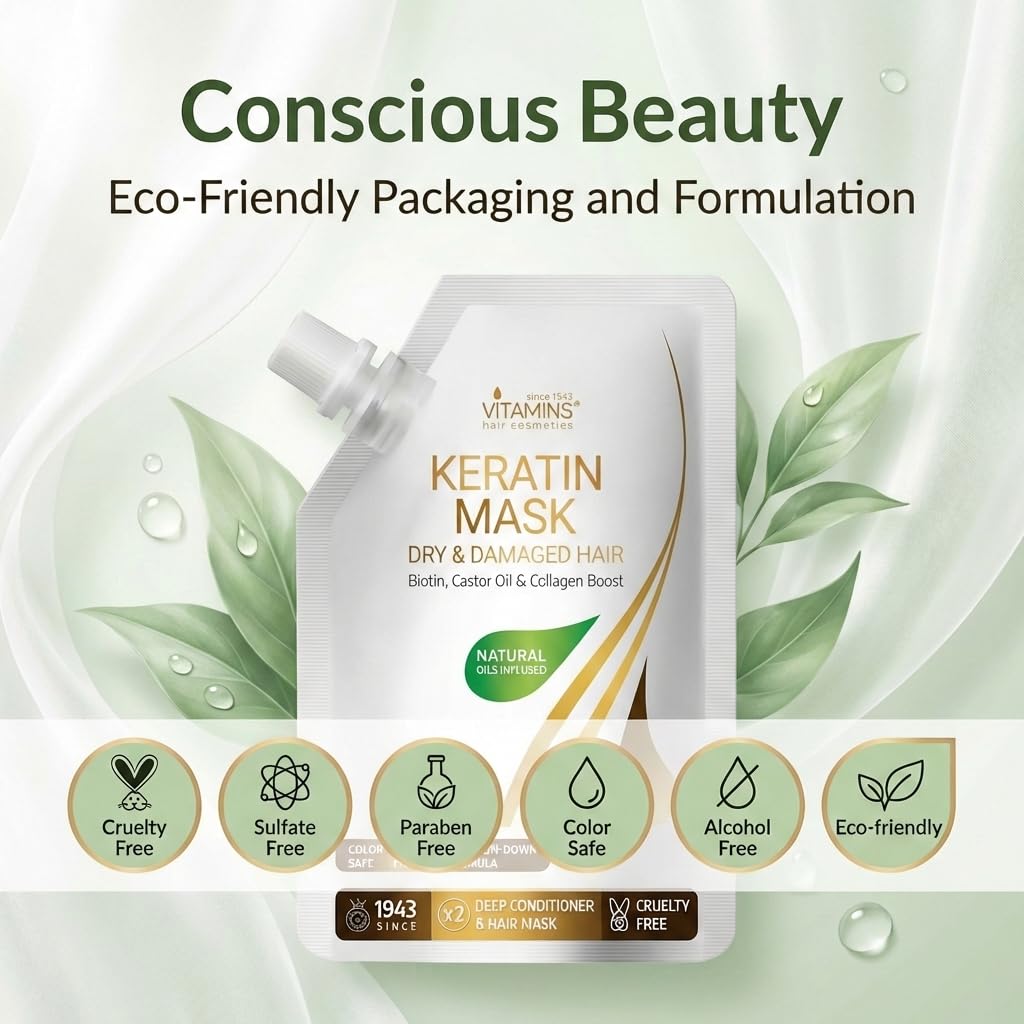 VITAMINS hair cosmetics Keratin Hair Mask - Protein Repair Keratin Treatment - Deep Conditioner for Dry, Damaged, Curly, Straight & Frizzy Hair with Biotin, Collagen & Castor Oil - 3.4 Fl Oz