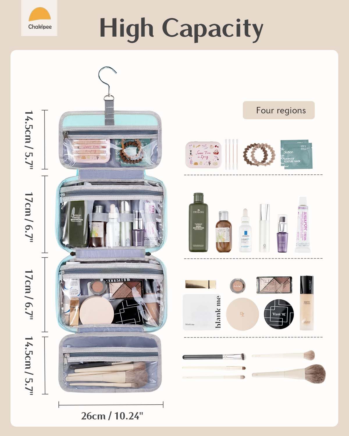 Chakipee Travel Hanging Toiletry Bag for Women - Waterproof Cosmetic Organizer with Clear Window, Lightweight Bathroom Bags for Essentials, Makeup, Shampoo, Toiletries Blue,Medium