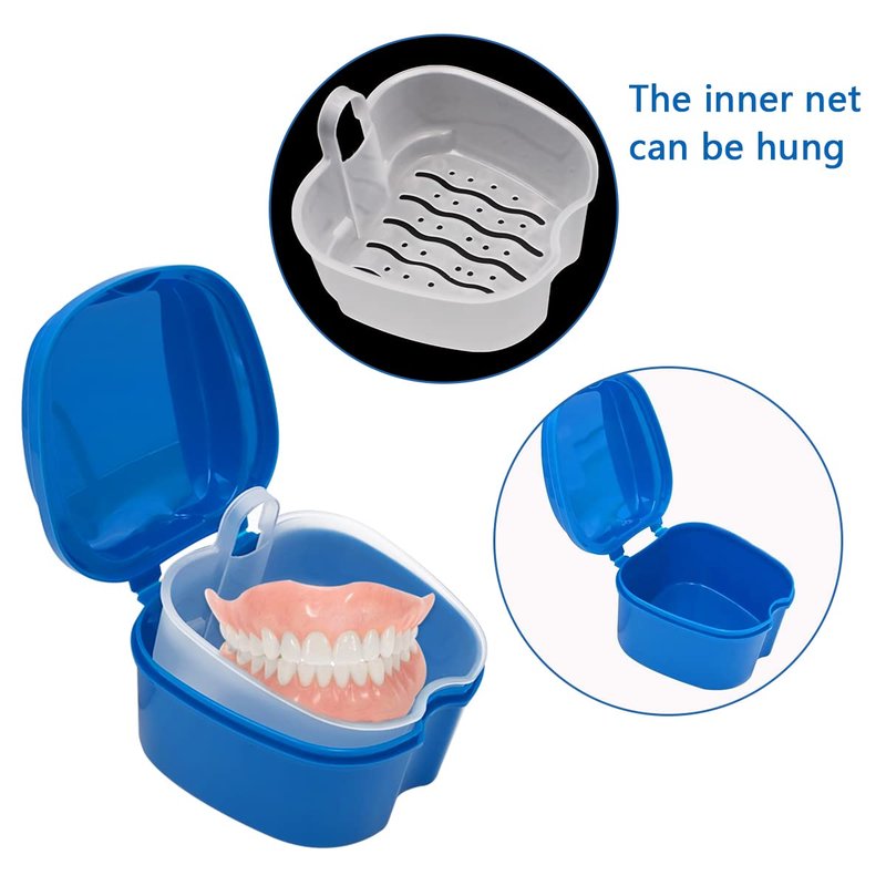 Denture Cleaner Box and Brush Set - 2 Pack Denture Bath Case with Basket + 2 Pack Denture Brush, Portable Denture Retainer Storage Box, False Teeth Brushes for Oral Care (Light and dark blue)