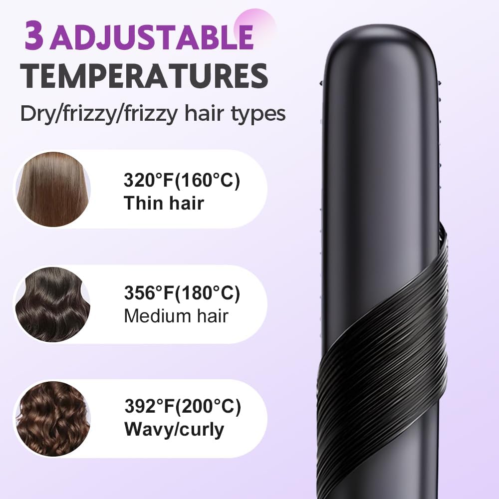 Cordless Hair Straightening Brush - Fast Heating Ceramic | Portable USB-C Brush for Short & Long Hair - Black