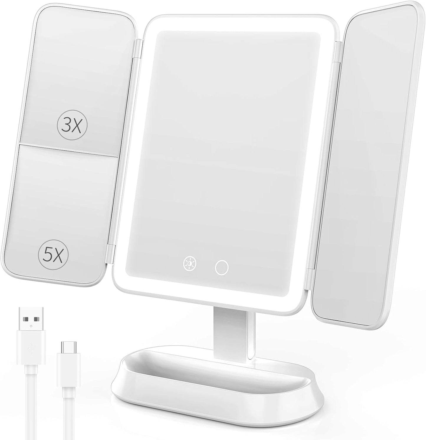 Illuminated Makeup Mirror - 1X/3X/5X Magnification, Dimmable Soft Light, 360° Rotation | Rechargeable Trifold Mirror for Travel & Dorm