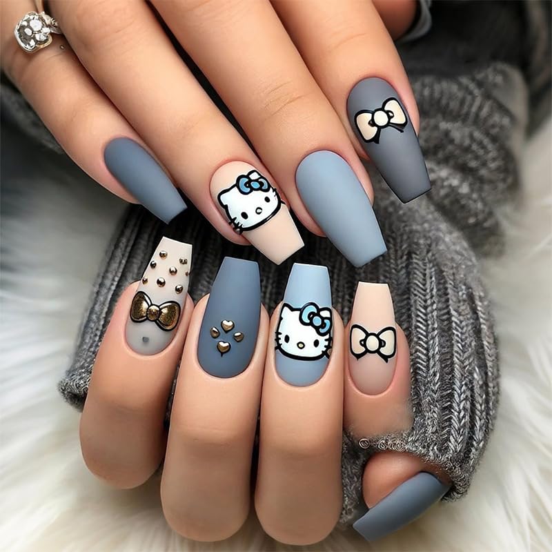 24Pcs Long Coffin Press-On Nails with Cute Cat Bows - Matte Acrylic