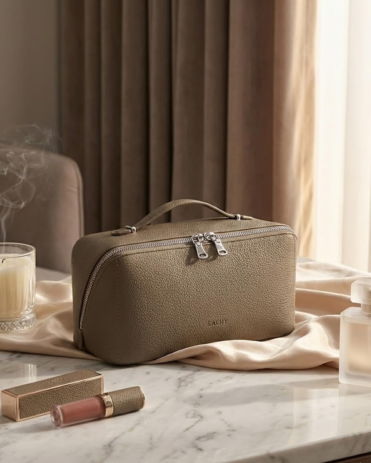 Travel Makeup Bag - Large Capacity Lychee Leather Cosmetic Organizer | Waterproof Toiletry Bag with TPU Brush Compartment
