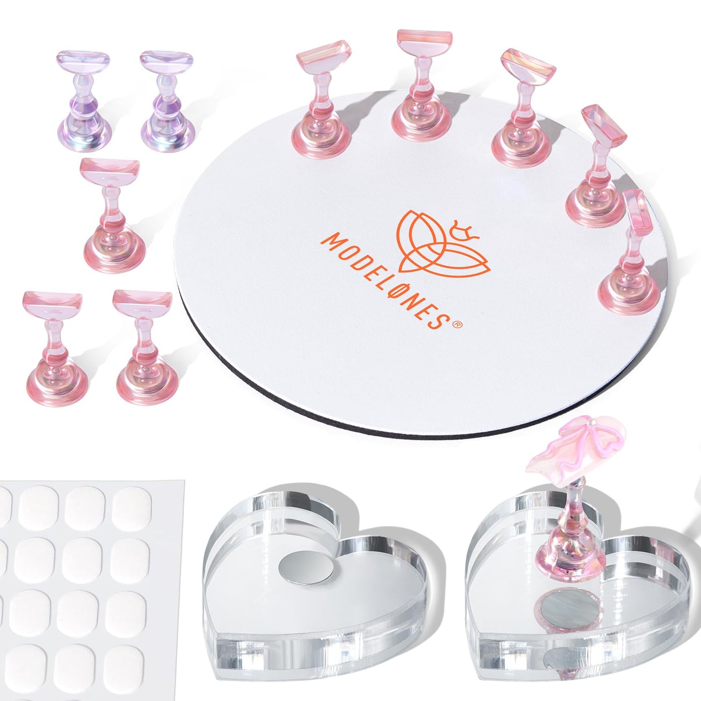 Modelones Nail Stand Set, Magnetic Press On Nails Holders Aurora Pink Plus Kit Standard Pinky Nail Stands for False Nail Tips Practice Round Metal & 2 Heart Display Bases 200PCS Sticky Tabs Nail Art