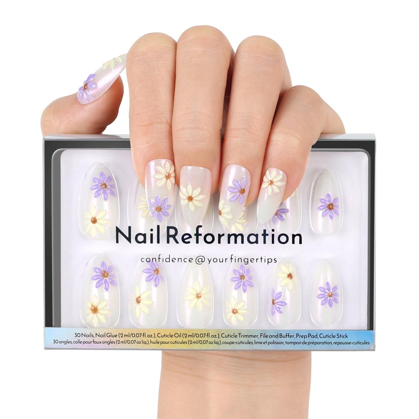 Press On Nails - Rose Gold Foil Medium Almond Fake Nails | Brown Blush Shimmer, Glossy Finish, Reusable - 30 Nail Kit with Glue, 15 Sizes