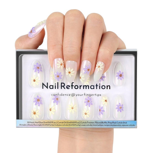 Nail Reformation Press On Nails, Silver Thistle | 3D Floral Medium Almond Fake Nails in Lavender & Gold Shimmer in Glossy Finish, Reusable Stick On Nails in 15 Sizes - 30 Nail Kit for Women Gifts