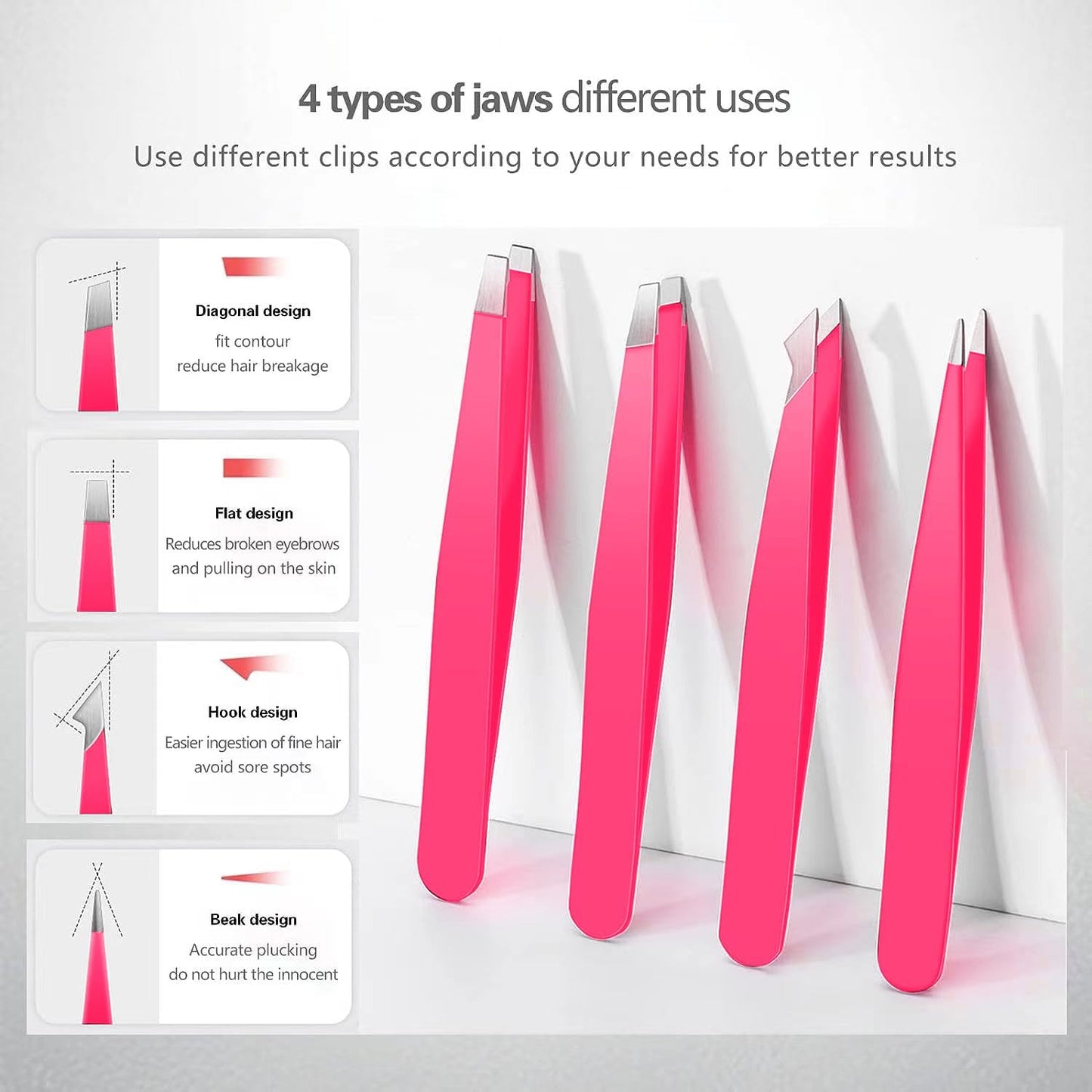 High Precision Stainless Steel Tweezers Set - Eyebrow & Ingrown Hair Removal Kit | 4 Pcs Pink Grooming Tools for Men & Women