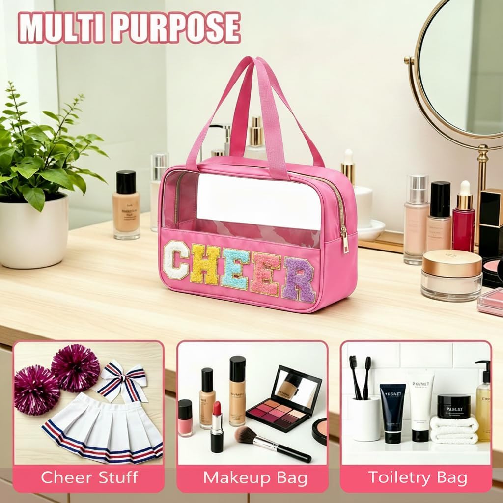 Cheer Makeup Bag - Chenille Letter Patch Clear Cosmetic Organizer | Waterproof Nylon Toiletry Bag for Cheerleaders