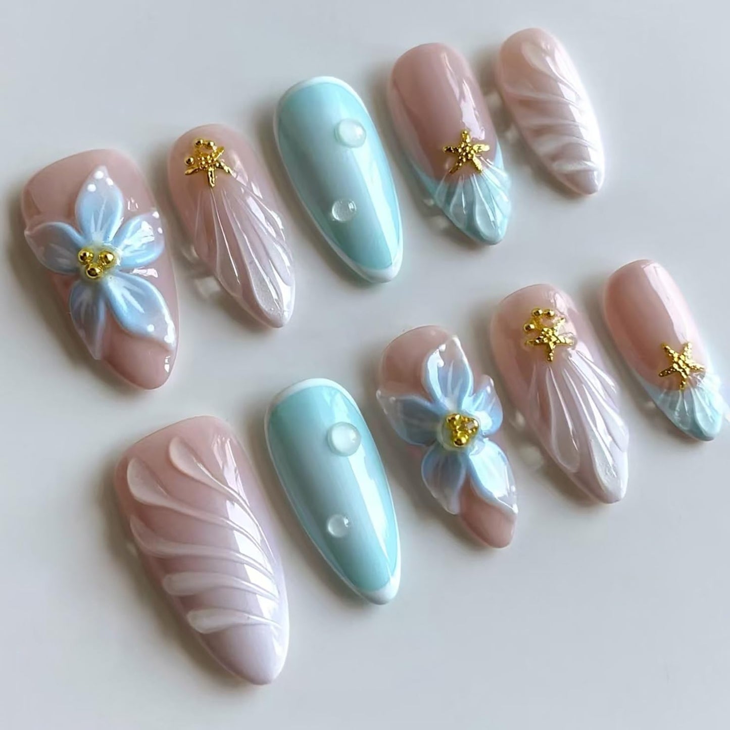 Flower Press-On Nails - 10 Pcs Short Almond Style with Gold Shell & Starfish Rhinestones | Reusable Cute Handmade Acrylic Nails for Women & Girls