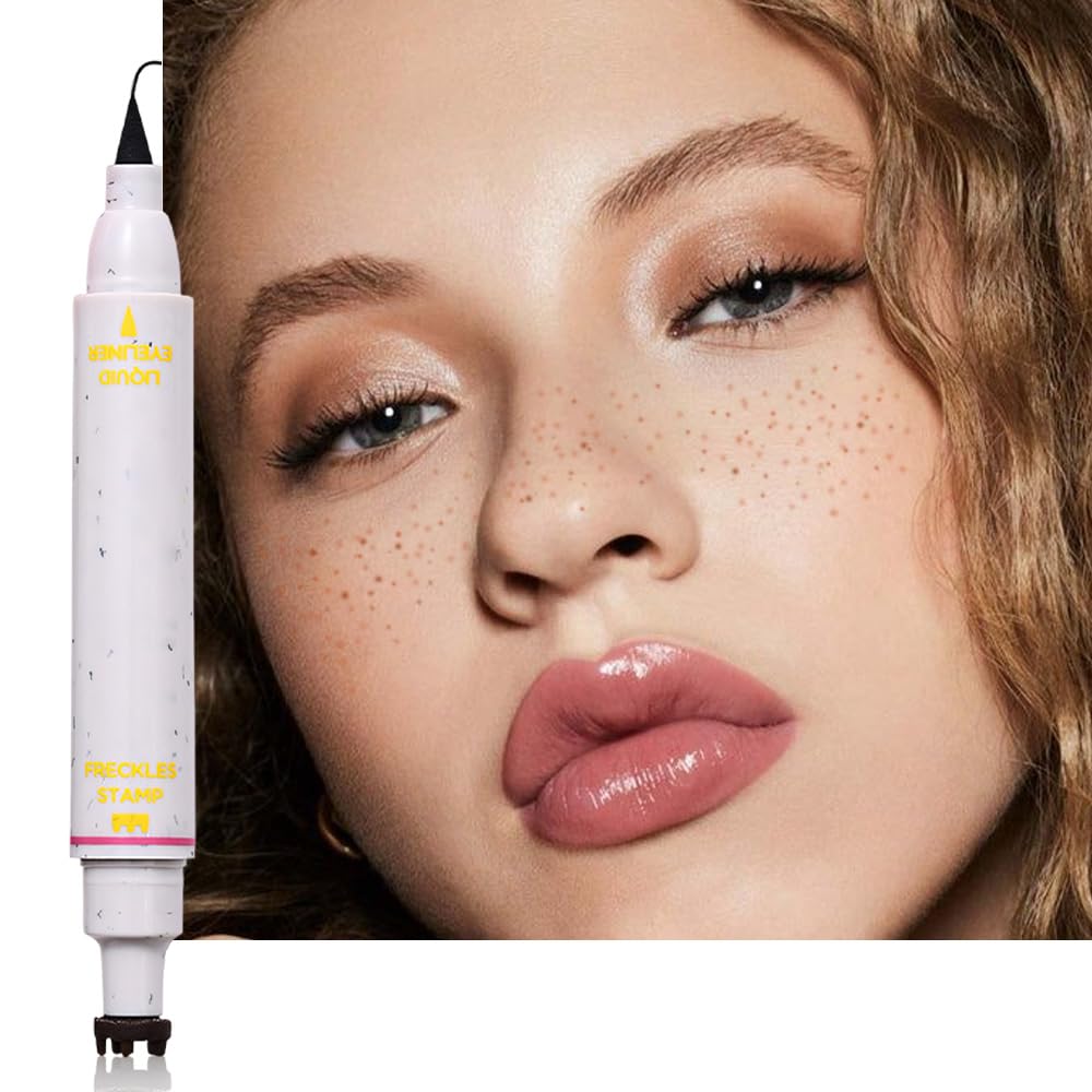 HHLTOH 2in1 Freckle Stamp Eyeliners Makeup, Women Face and Eye Cosmetics, Quick Dry Long-Lasting Waterproof Medium Brown Freckles Stamps & Black Eyeliner Pen,Effortless Daily Natural Sunkissed Make Up