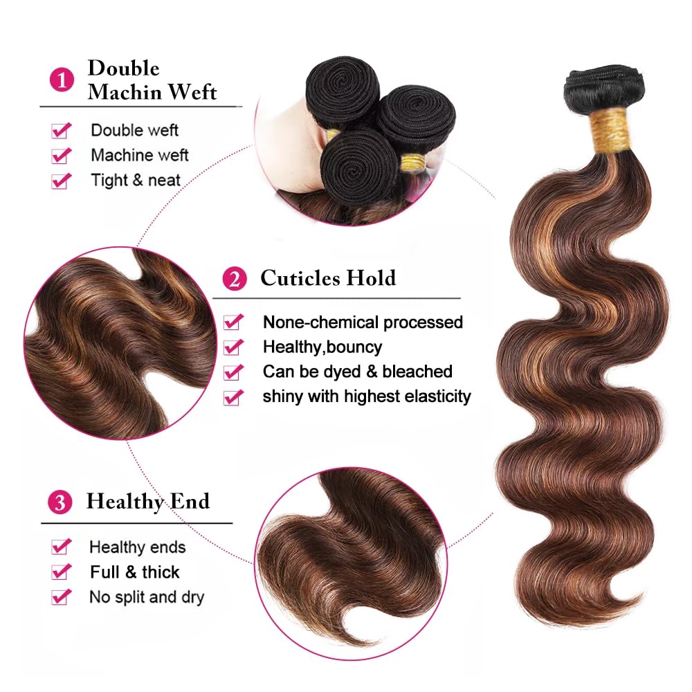 Ombre Human Hair Bundles 1b/30 Human Hair Bundles Body Wave Highlight Brown Bundle Ombre Brown Body Wave Bundle Color 1bp430 LadrXadr 100g 16 Inch