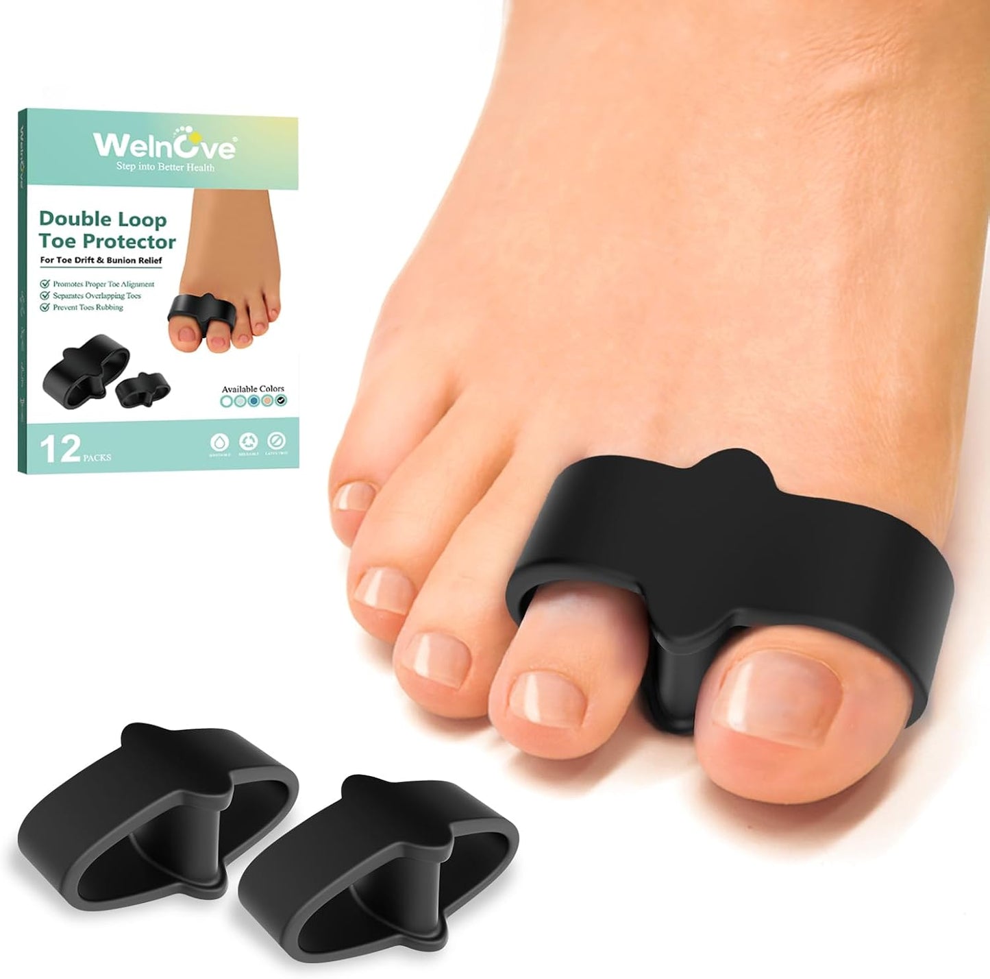 Bunion Corrector - Pack of 12 Toe Separators with 2 Loops | Big Toe Spacer with Aloe Vera Extract - Clear