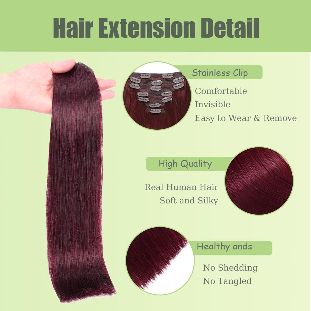 99J Clip in Hair Extensions Real Human Hair, 20 Inch 120g/7Pcs,Full Shine Burgundy Remy Hair,#99J Burgundy Straight Clip ins Hair Brazilian Virgin Human Hair Extensions