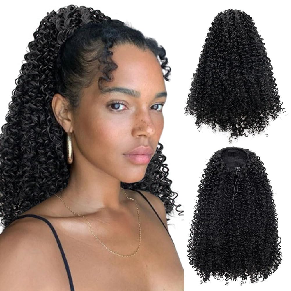 Drawstring Ponytail Extension - 14-Inch Short Afro Kinky Curly Hairpiece | Fluffy Synthetic Ponytail for Women