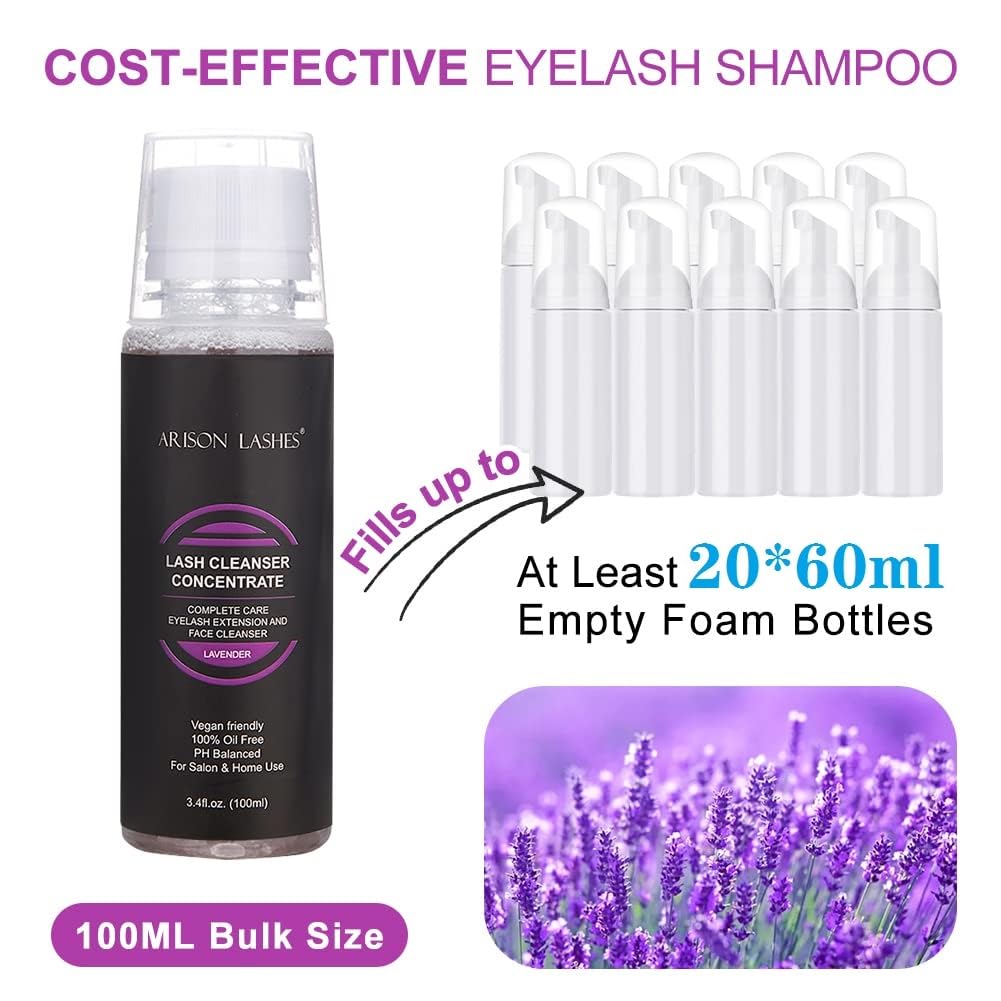 Eyelash Cleanser Concentrate 100ml Lash Extensions Shampoo Natural Foaming Cleanser DIY Non-lrritating Wash for Salon Home Care-Makes 20 Bottles 60ml lash Shampoo (Lavender)