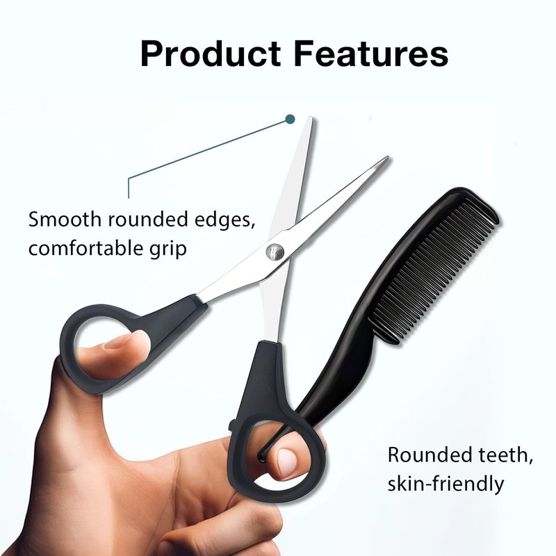 2 Pack Men's Beard & Mustache Scissors & Mini Comb Trimming Kit Black 4 inch