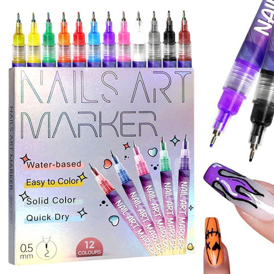 Seivble 12 Colors Nail Art Pens Set, 2025 New Nail Art Markers Polish Pen for 3D Nail Art, Nail Art Tools for Dotting Drawing Painting Point Liner DIY (1 set)