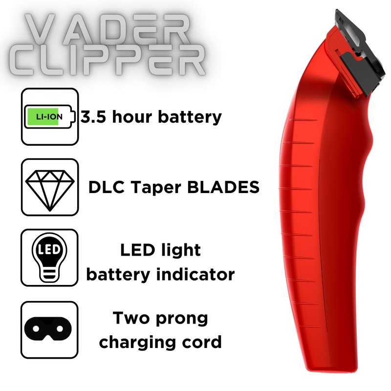 Supreme Trimmer Vader Clipper with DLC Taper Blade STC5098 | 210 Min Run Time 7500 RPM Hair Trimmer | Professional Brushless Motor Barber Clipper | Red
